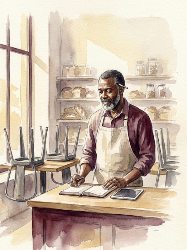 Watercolour of a bakery owner in an apron reviewing his notebook and tablet at the counter after closing.
