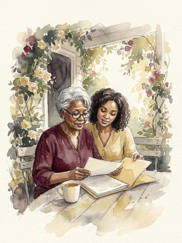 Watercolour of an older woman and her adult daughter reading documents together at a porch table framed by roses.